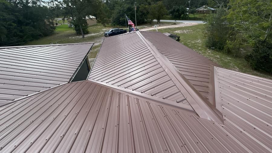 Painted metal roof seen from above